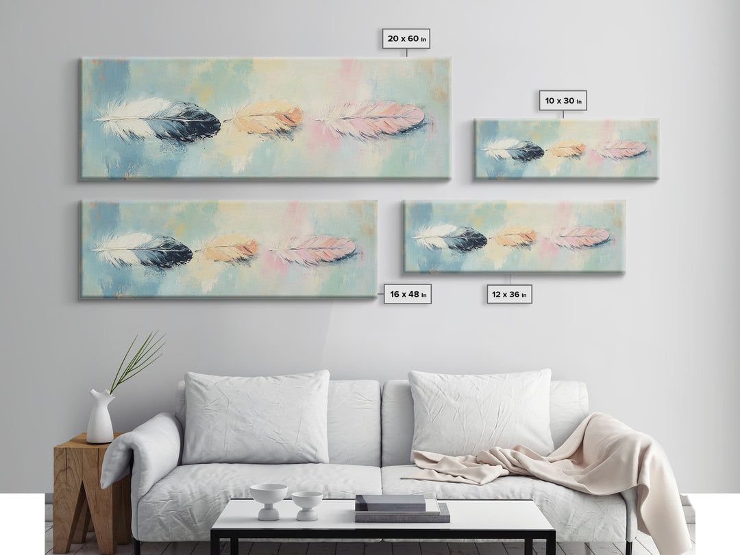 Three Pastel Feathers On Blue Wall Art, Boho Canvas Print For Nursery, Bedroom, Feminine Decor, Soft Coastal Home Decor Gift