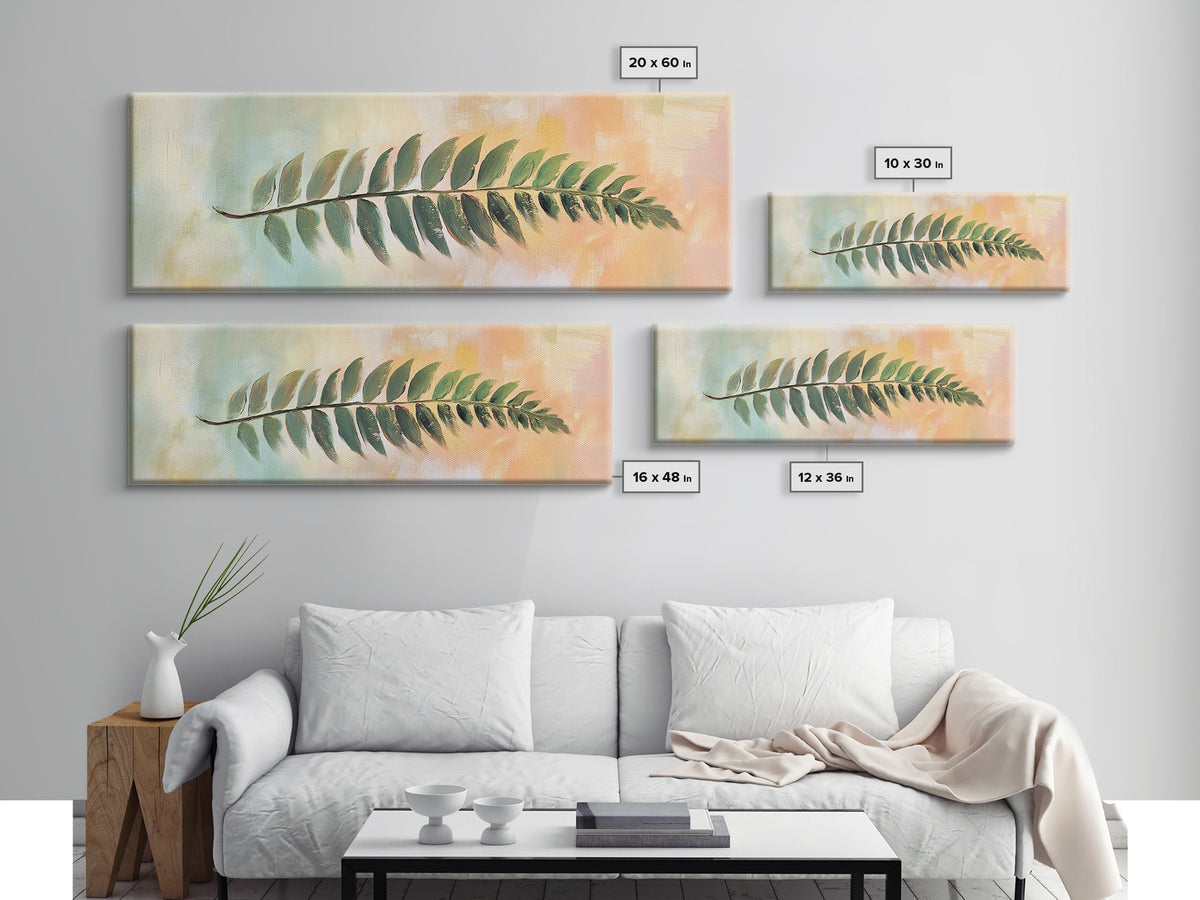 Green Fern Leaf On Pastel Abstract Wall Art, Botanical Canvas Print For Bathroom, Nature Decor, Sage Green Living Room Art