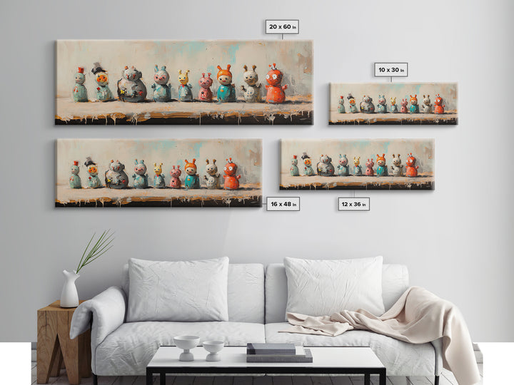 Whimsical Monster Figurines Wall Art, Quirky Kids Room Decor, Playroom Art Print, Colorful Eclectic Nursery Canvas Print