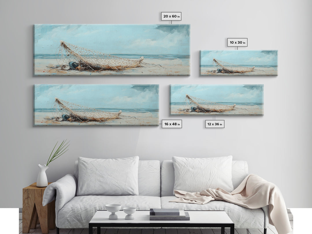 Weathered Fishing Net On Beach Canvas Print, Coastal Wall Art, Nautical Decor, Seascape Painting, Beach House Rustic Home Decor Gift