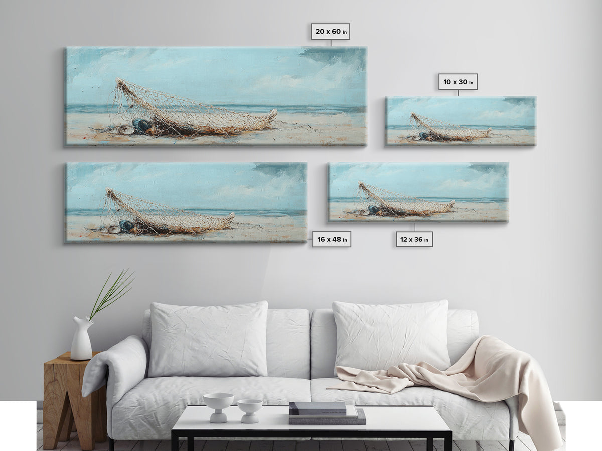Weathered Fishing Net On Beach Canvas Print, Coastal Wall Art, Nautical Decor, Seascape Painting, Beach House Rustic Home Decor Gift