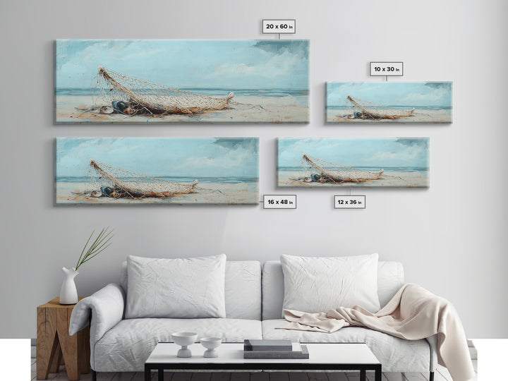 Weathered Fishing Net On Beach Canvas Print, Coastal Wall Art, Nautical Decor, Seascape Painting, Beach House Rustic Home Decor Gift