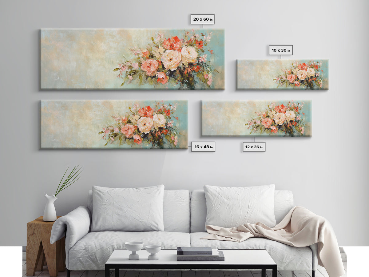 Romantic Peach Rose Bouquet Framed Canvas Print, Floral Wall Art For Bedroom Decor Living Room Decor And Housewarming Gift For Her