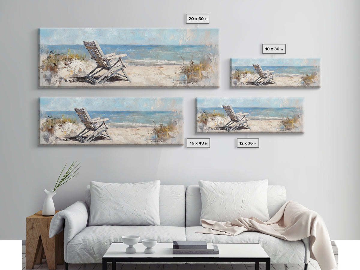 White Beach Chair Ocean View Framed Canvas Print, Coastal Wall Art For Beach House Decor Living Room Decor And Housewarming Gift