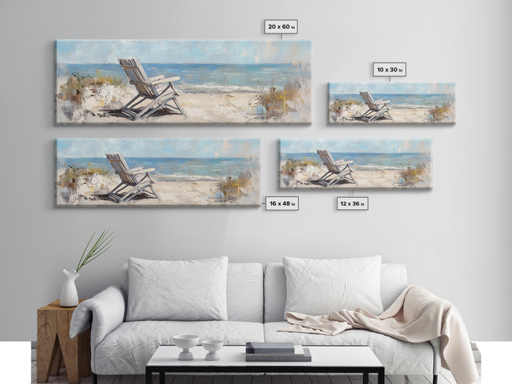 White Beach Chair Ocean View Framed Canvas Print, Coastal Wall Art For Beach House Decor Living Room Decor And Housewarming Gift