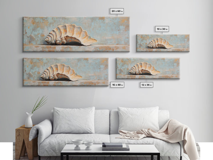 Rustic Seashell Still Life Wall Art, Coastal Beach House Canvas Print, Nautical Bathroom Decor, Ocean Shell Painting Gift