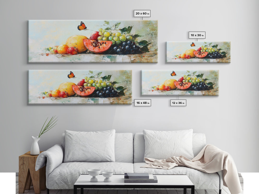 Tropical Fruit And Butterfly Still Life Wall Art, Colorful Kitchen Canvas Print, Summer Farmhouse Decor, Food Lover Gift Art Print