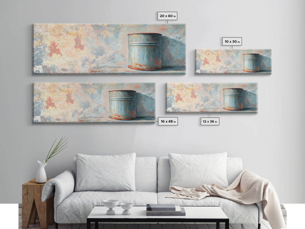 Weathered Blue Tin Can Still Life Wall Art, Rustic Farmhouse Canvas Print, Industrial Kitchen Decor, Textured Painting Print