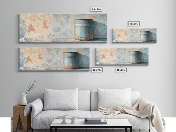 Weathered Blue Tin Can Still Life Wall Art, Rustic Farmhouse Canvas Print, Industrial Kitchen Decor, Textured Painting Print