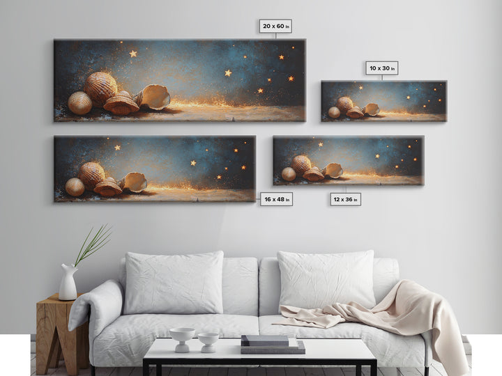 Glowing Seashells And Golden Stars Canvas Print, Coastal Wall Art, Celestial Decor, Beach House Decor, Ocean Wall Decor, Gift For Her