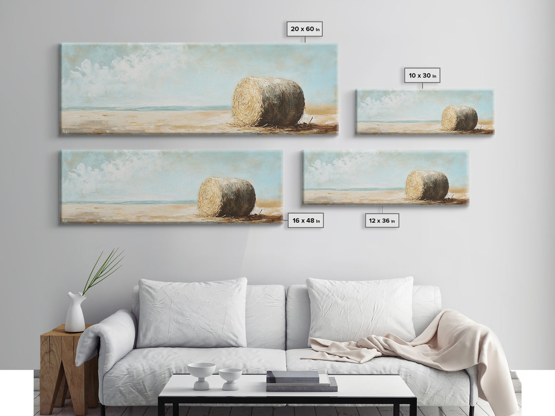 Golden Hay Bale Coastal Landscape Wall Art, Rustic Farmhouse Decor, Country Canvas Print For Living Room Or Kitchen Wall Decor