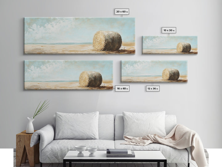 Golden Hay Bale Coastal Landscape Wall Art, Rustic Farmhouse Decor, Country Canvas Print For Living Room Or Kitchen Wall Decor