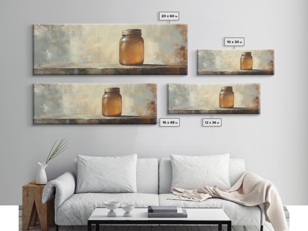 Amber Mason Jar Still Life Wall Art, Rustic Farmhouse Decor, Neutral Canvas Print For Kitchen Shelf Or Dining Room Wall Decor