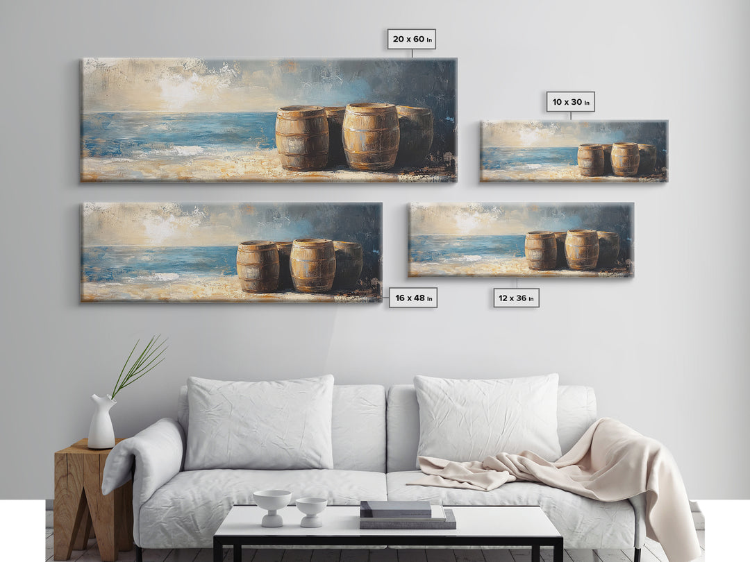 Weathered Barrels By The Sea Wall Art, Coastal Rustic Decor, Nautical Canvas Print For Beach House Living Room Wall Decor Gift