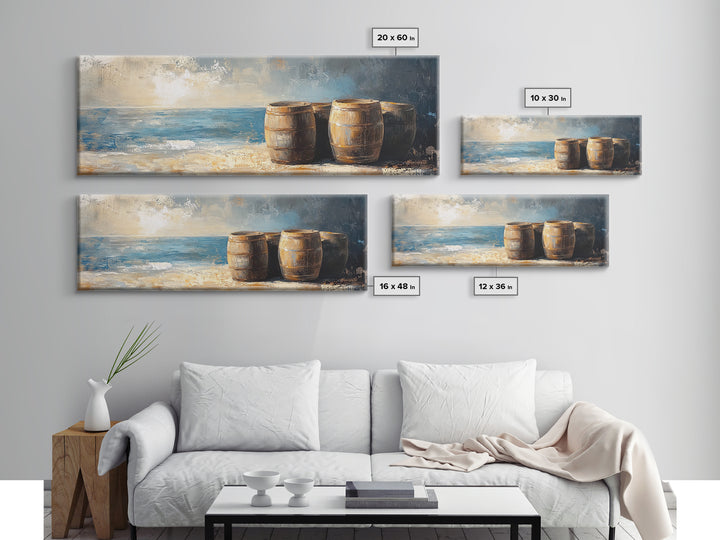 Weathered Barrels By The Sea Wall Art, Coastal Rustic Decor, Nautical Canvas Print For Beach House Living Room Wall Decor Gift