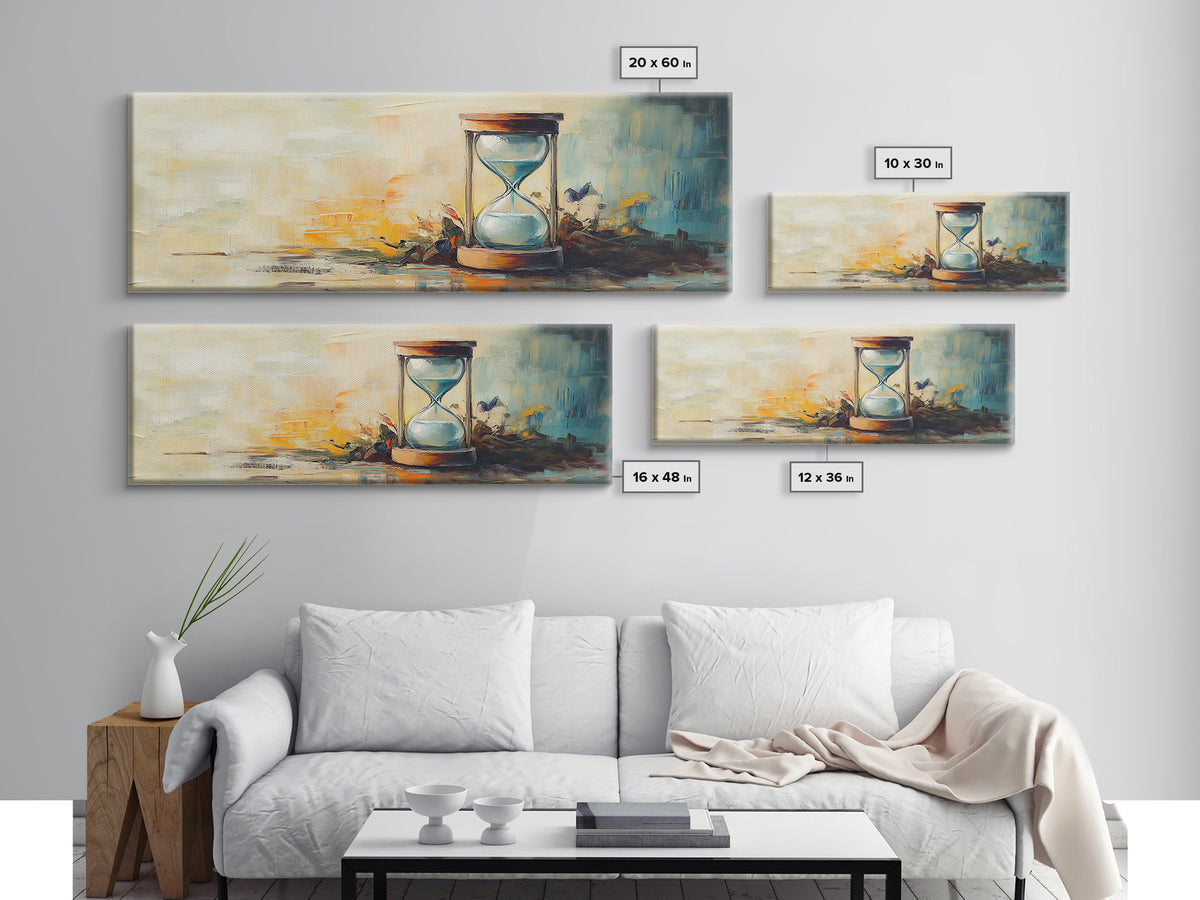 Hourglass Sunset Still Life Wall Art, Long Horizontal Canvas, Neutral Coastal Decor, Abstract Painting, Living Room Print