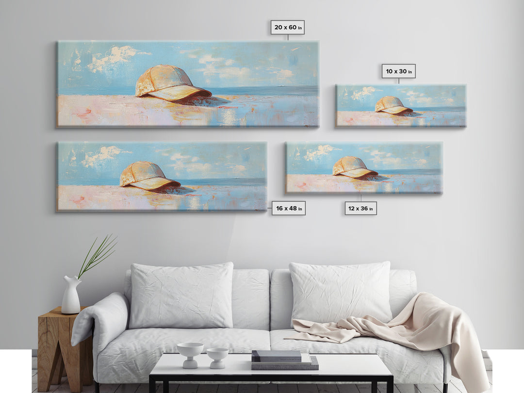 Sunlit Baseball Cap On Sandy Blue Shore Wall Art, Coastal Beach House Decor, Nautical Living Room Print, Gift For Him, Home Decor