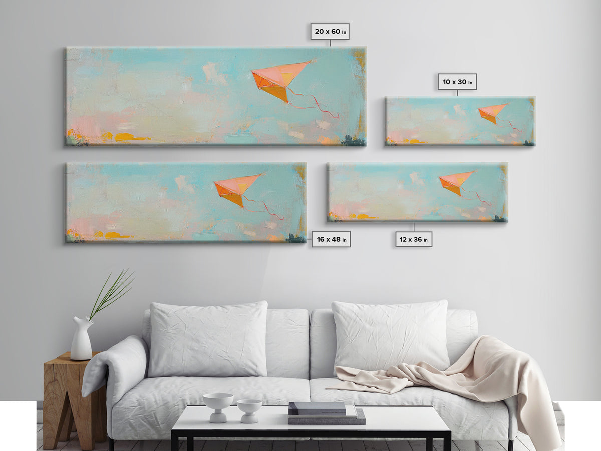 Orange Kite In Blue Summer Sky Canvas Print, Whimsical Nursery Wall Art, Coastal Kids Room Decor, Playful Gift For Her, Dopamine Decor