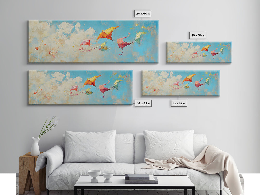 Colorful Kites Drifting Through Clouds Wall Art, Whimsical Kids Room Canvas Print, Playroom Decor, Nursery Wall Art Gift