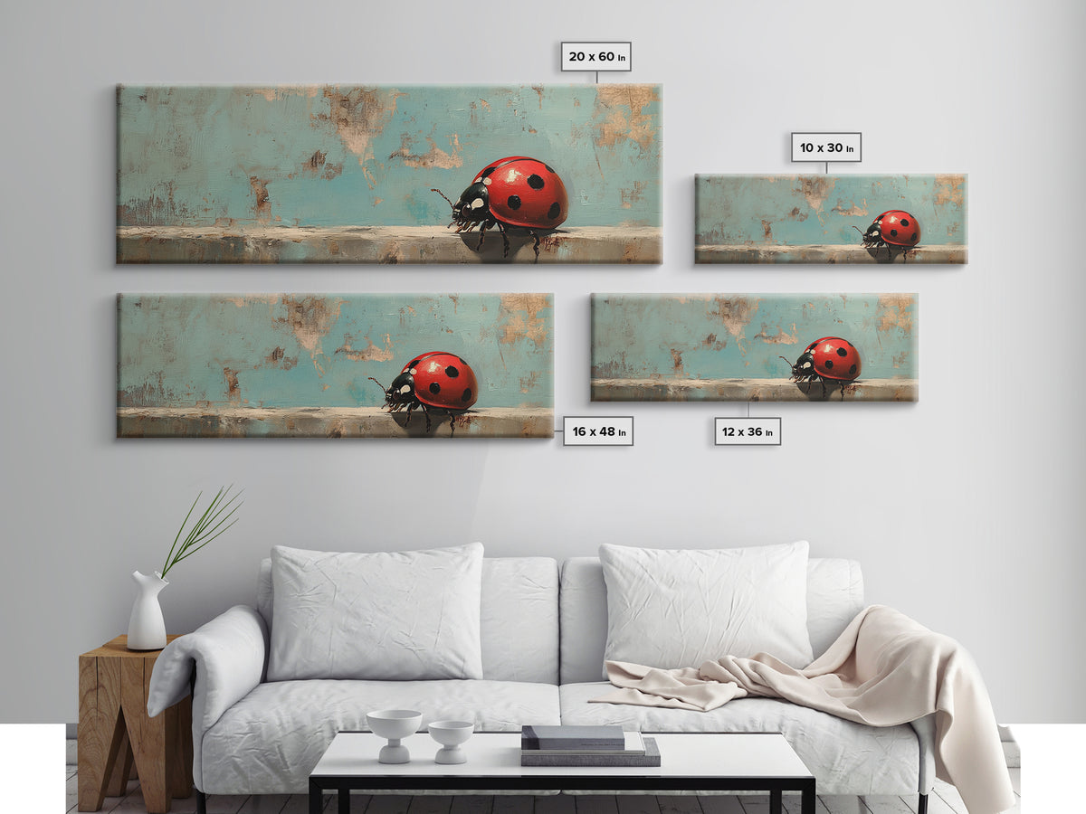 Red Ladybug On Weathered Blue Wall Art, Whimsical Animal Canvas Print, Nature Wall Decor, Kids Room Art, Garden Decor Gift
