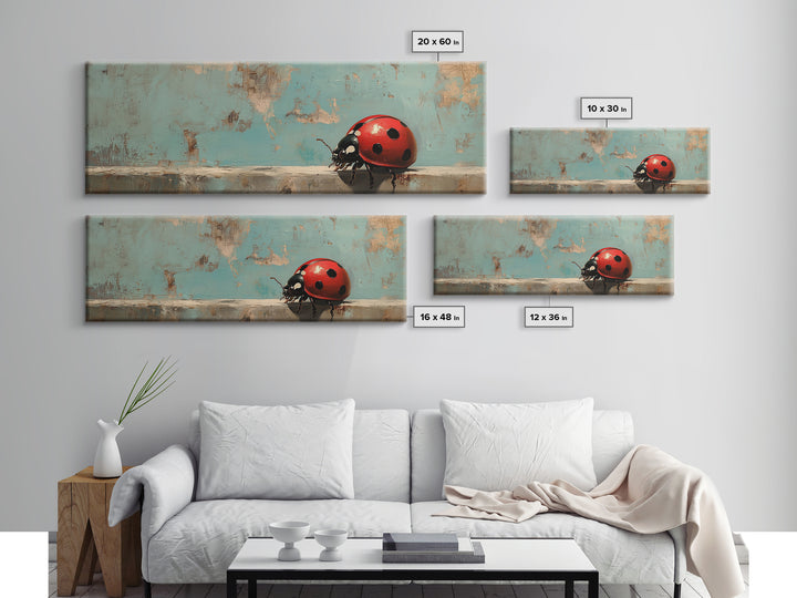Red Ladybug On Weathered Blue Wall Art, Whimsical Animal Canvas Print, Nature Wall Decor, Kids Room Art, Garden Decor Gift