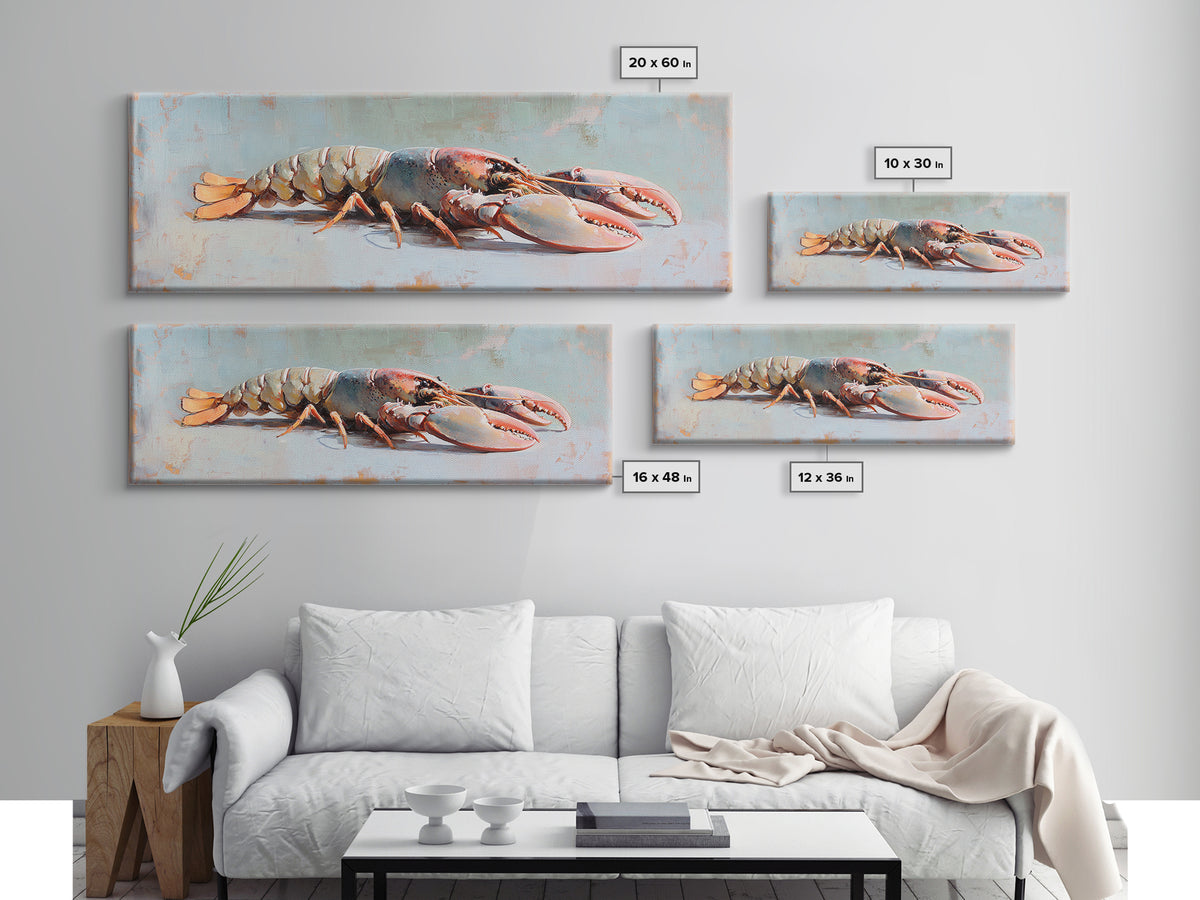 Realistic Lobster On Blue Table Canvas Print, Coastal Kitchen Wall Art, Seafood Decor, Nautical Home Decor, Beach House Gift