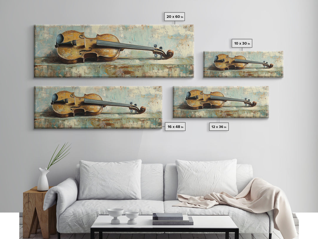 Antique Violin On Weathered Blue Table Framed Canvas Print, Music Room Wall Art, Rustic Studio Decor, Gifts For Musicians