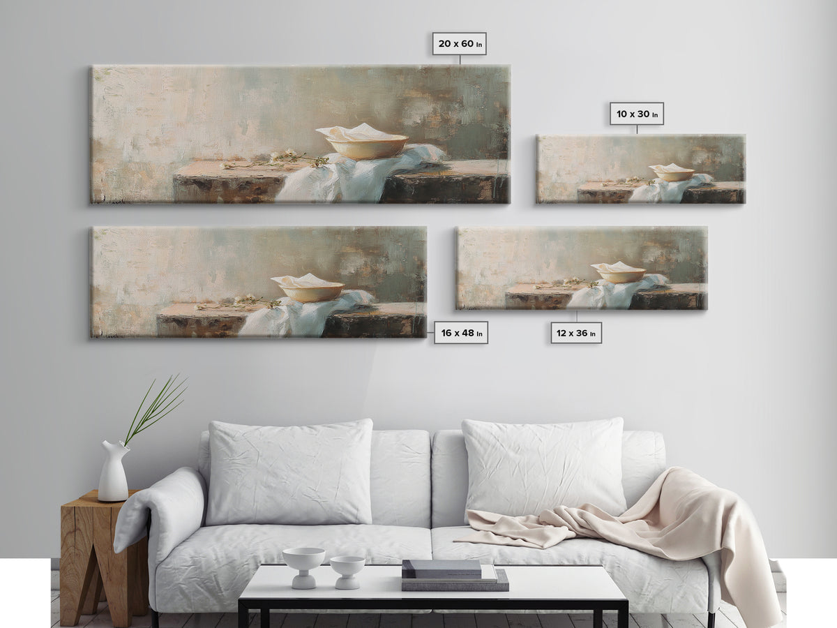 White Bowl Still Life On Linen Canvas Print, Minimalist Kitchen Wall Art, Neutral Wabi Sabi Decor, Calm Dining Room Print