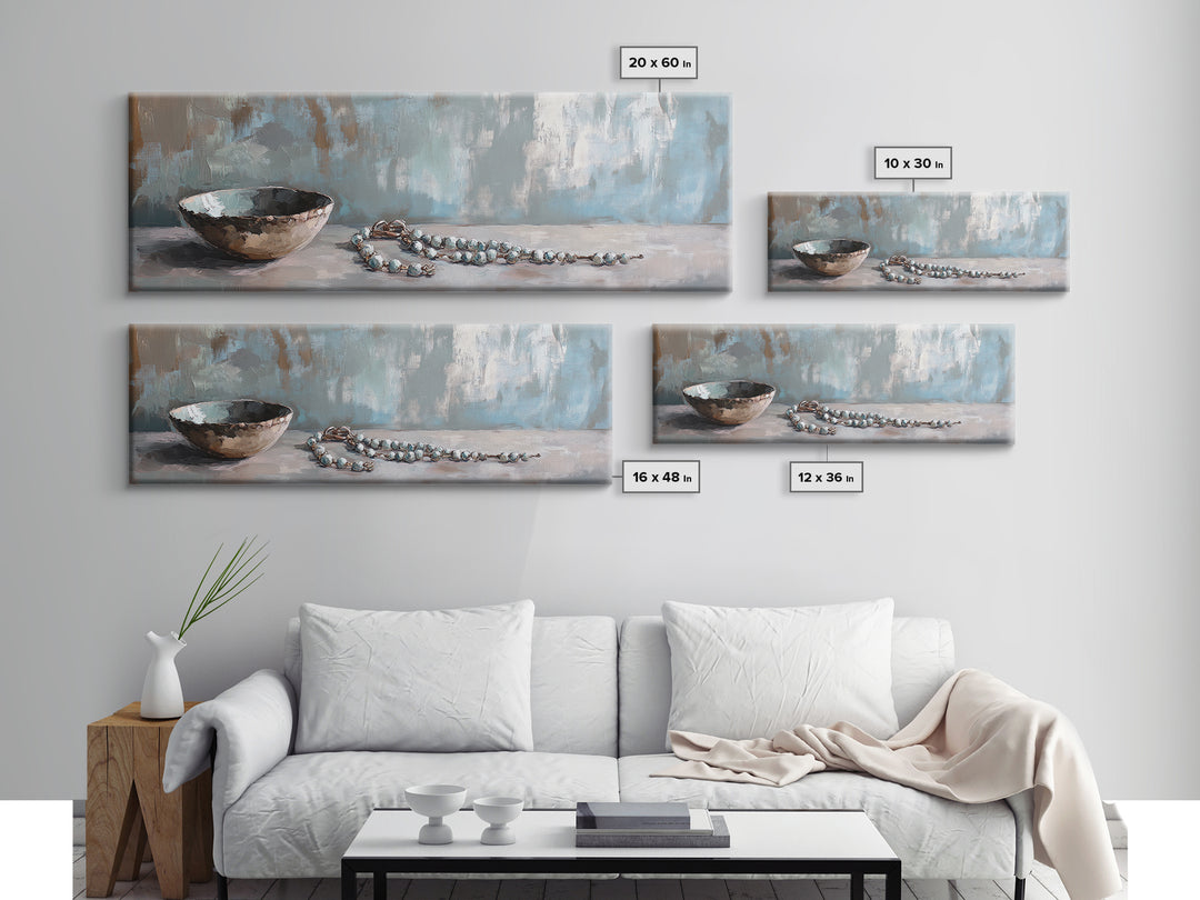 Rustic Bowl And Turquoise Beads Still Life Wall Art, Neutral Blue Home Decor, Wabi Sabi Canvas Art, Minimalist Office Decor