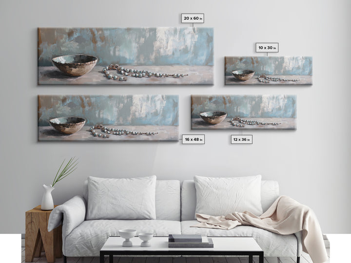 Rustic Bowl And Turquoise Beads Still Life Wall Art, Neutral Blue Home Decor, Wabi Sabi Canvas Art, Minimalist Office Decor