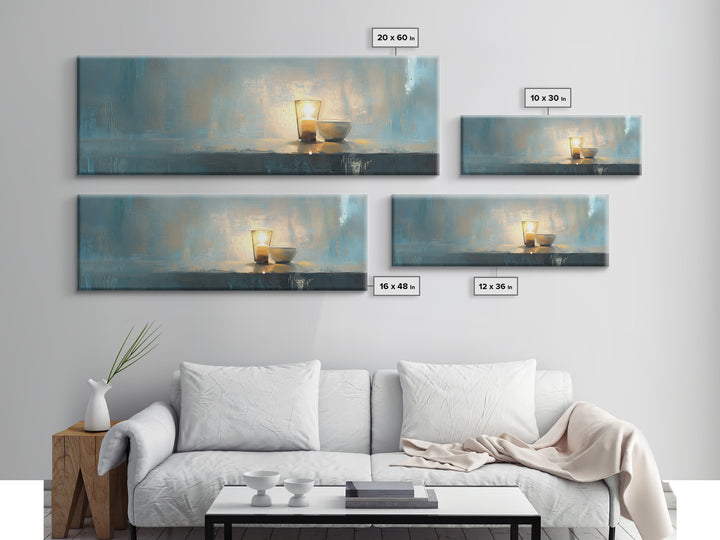 Glowing Candle And Small Bowl Minimalist Wall Art, Blue Wabi Sabi Home Decor, Calming Canvas Print, Zen Dining Room Decor