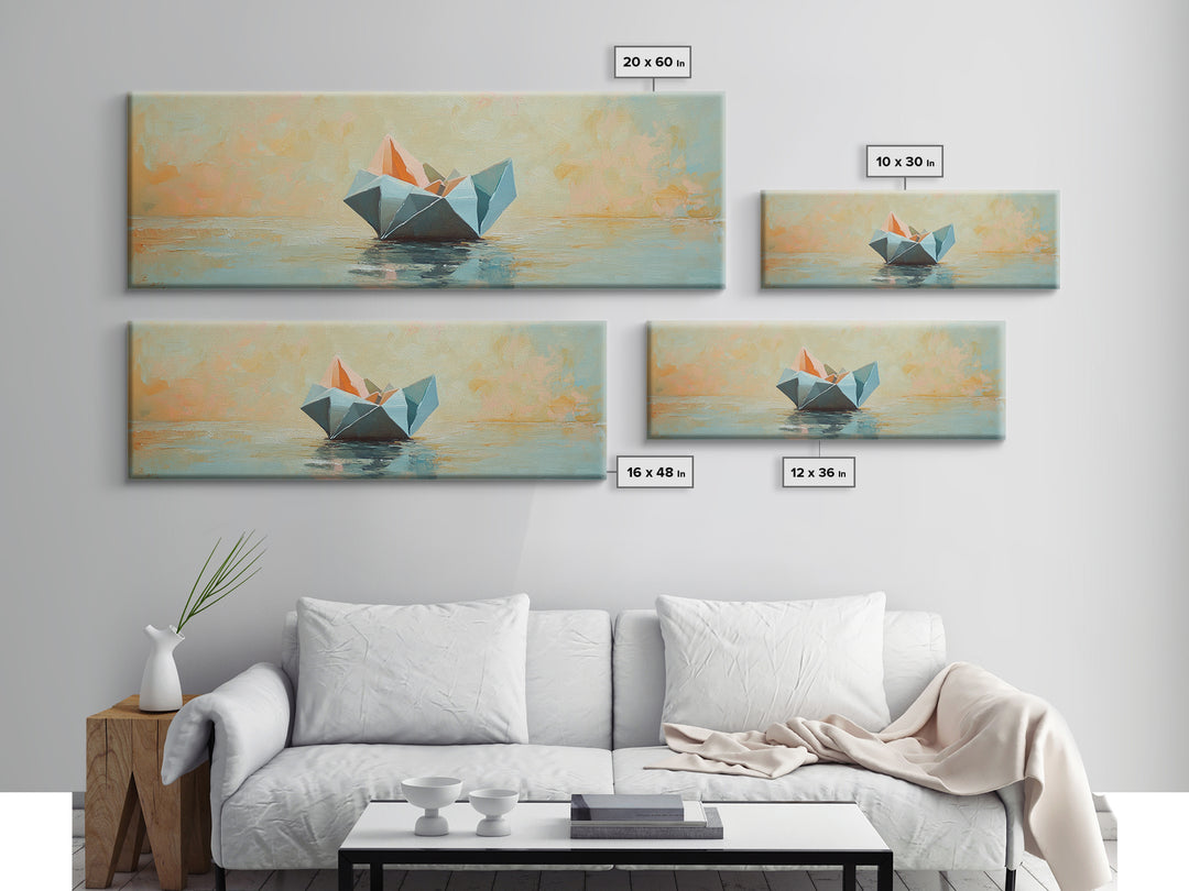 Origami Paper Boat On Calm Water Canvas Print, Coastal Wall Art, Nautical Home Decor, Beach House Living Room Decor, Above Sofa Art