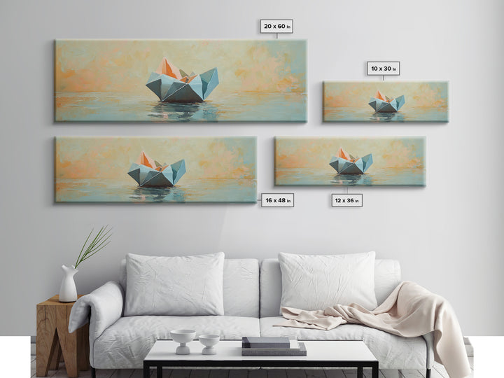 Origami Paper Boat On Calm Water Canvas Print, Coastal Wall Art, Nautical Home Decor, Beach House Living Room Decor, Above Sofa Art