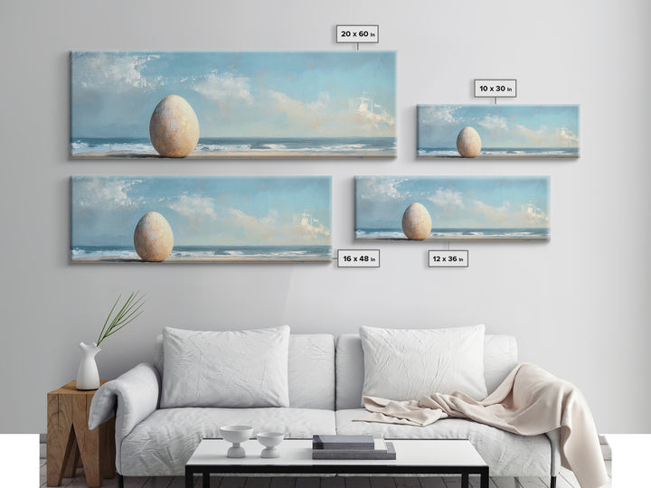 Large Egg On Quiet Shore Canvas Print, Surreal Beach Wall Art, Coastal Home Decor, Modern Seascape Living Room Decor, Ocean Art