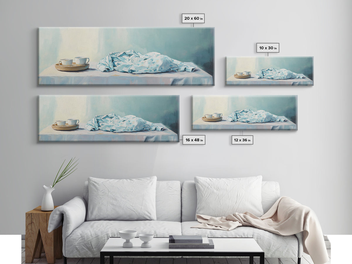 White Tea Cups And Blue Draped Cloth Canvas Print, Serene Still Life Wall Art, Minimalist Kitchen Decor, Cozy Home Decor