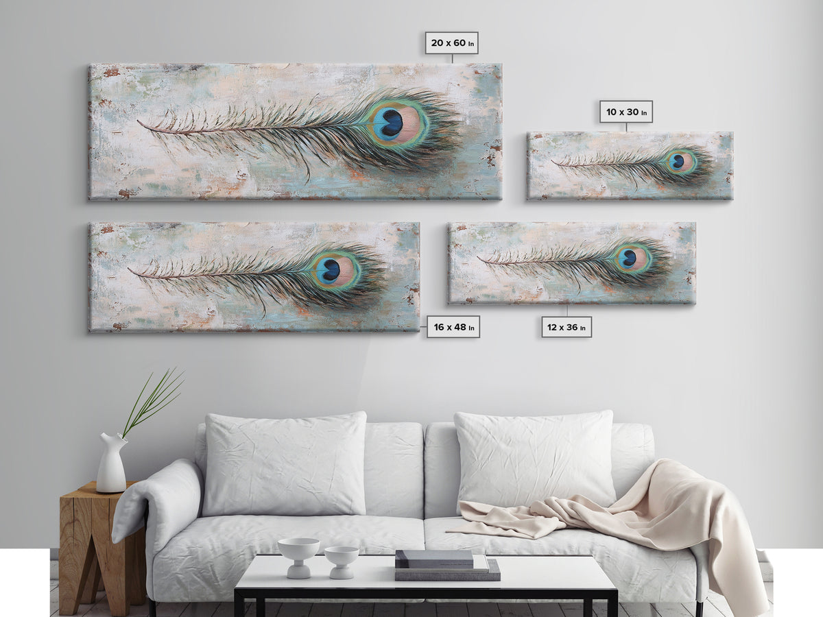Peacock Feather On Distressed Blue Texture Wall Art, Long Horizontal Canvas, Rustic Coastal Decor, Boho Nature Print, Gift For Her