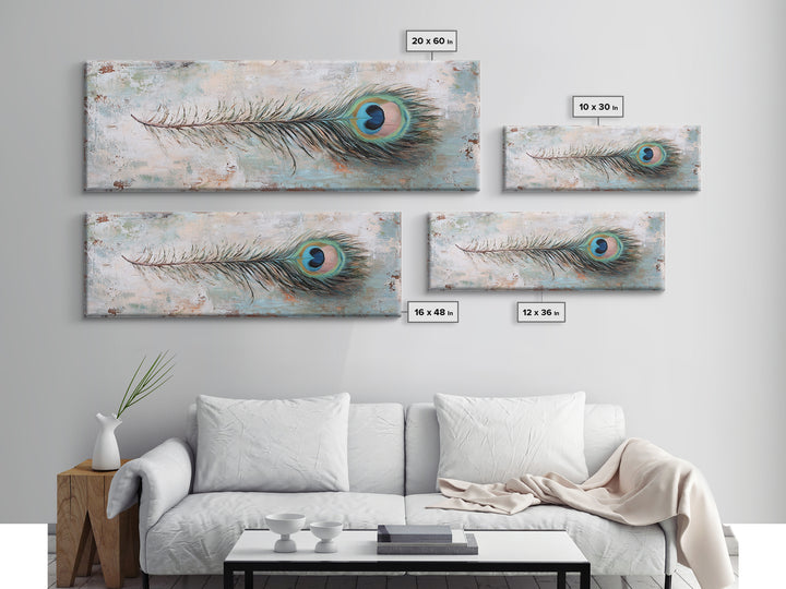 Peacock Feather On Distressed Blue Texture Wall Art, Long Horizontal Canvas, Rustic Coastal Decor, Boho Nature Print, Gift For Her