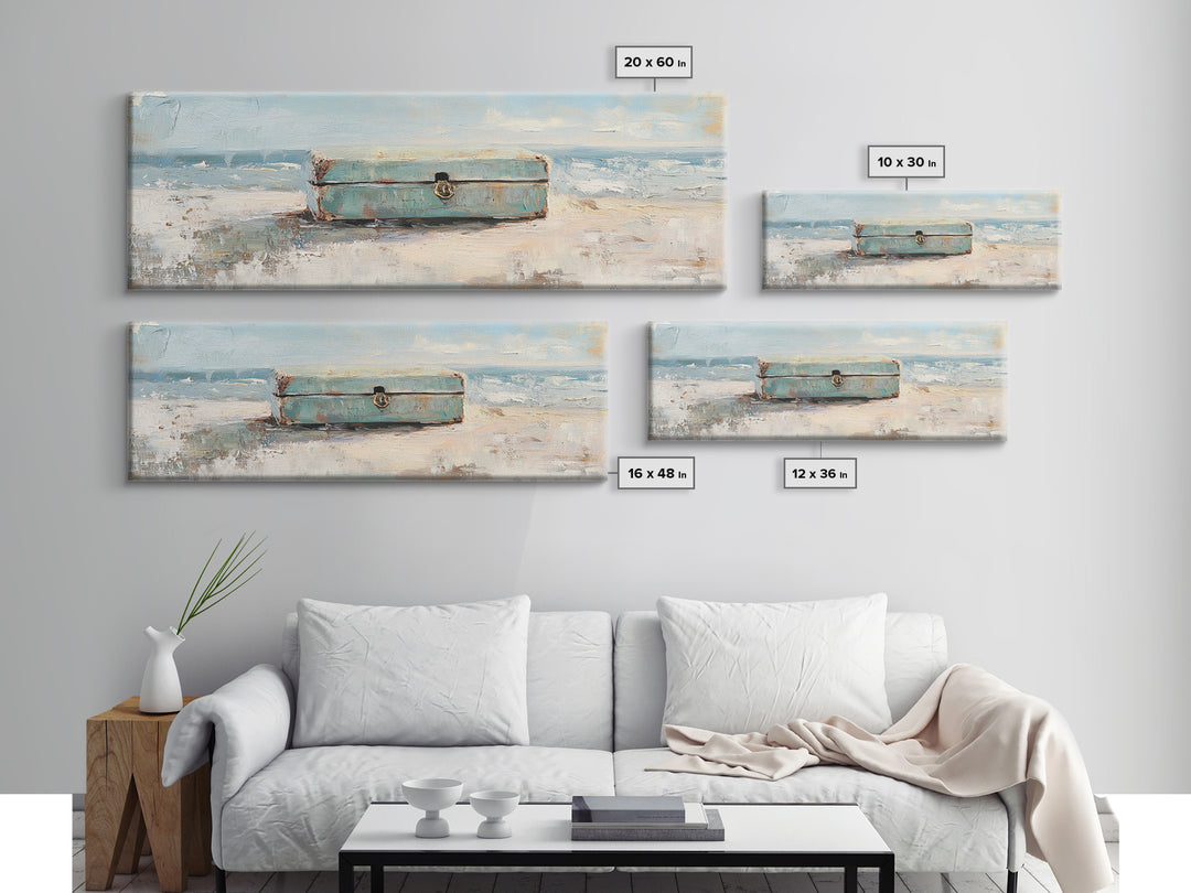 Weathered Blue Trunk On Sandy Beach Canvas Print, Coastal Wall Art, Ocean Seascape Decor, Nautical Housewarming Gift, Beach House Decor