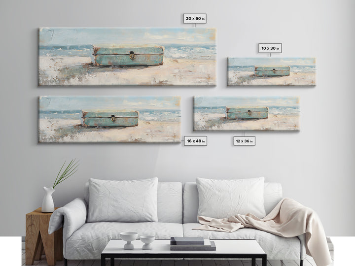 Weathered Blue Trunk On Sandy Beach Canvas Print, Coastal Wall Art, Ocean Seascape Decor, Nautical Housewarming Gift, Beach House Decor