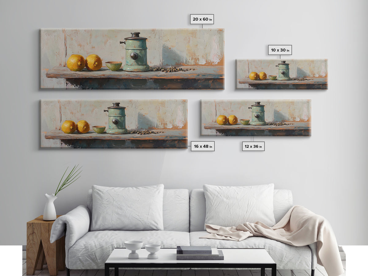 Rustic Coffee Grinder With Lemons Still Life Canvas Print, Kitchen Wall Art, Farmhouse Decor, Food Lover Housewarming Gift