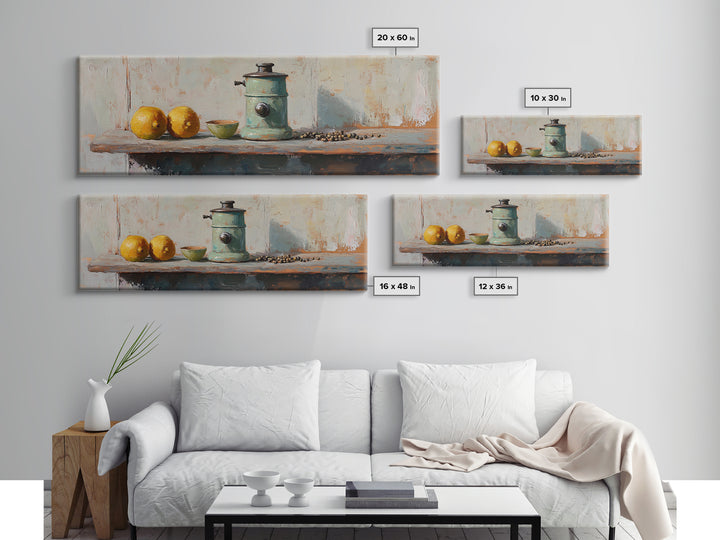 Rustic Coffee Grinder With Lemons Still Life Canvas Print, Kitchen Wall Art, Farmhouse Decor, Food Lover Housewarming Gift