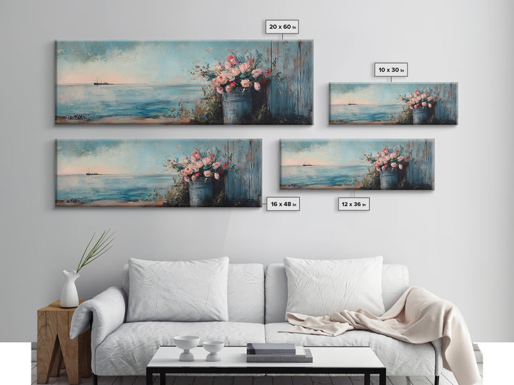 Blue Seascape With Flower Bucket Wall Art, Coastal Canvas Print, Beach House Decor, Ocean Landscape Housewarming Gift, Living Room Art