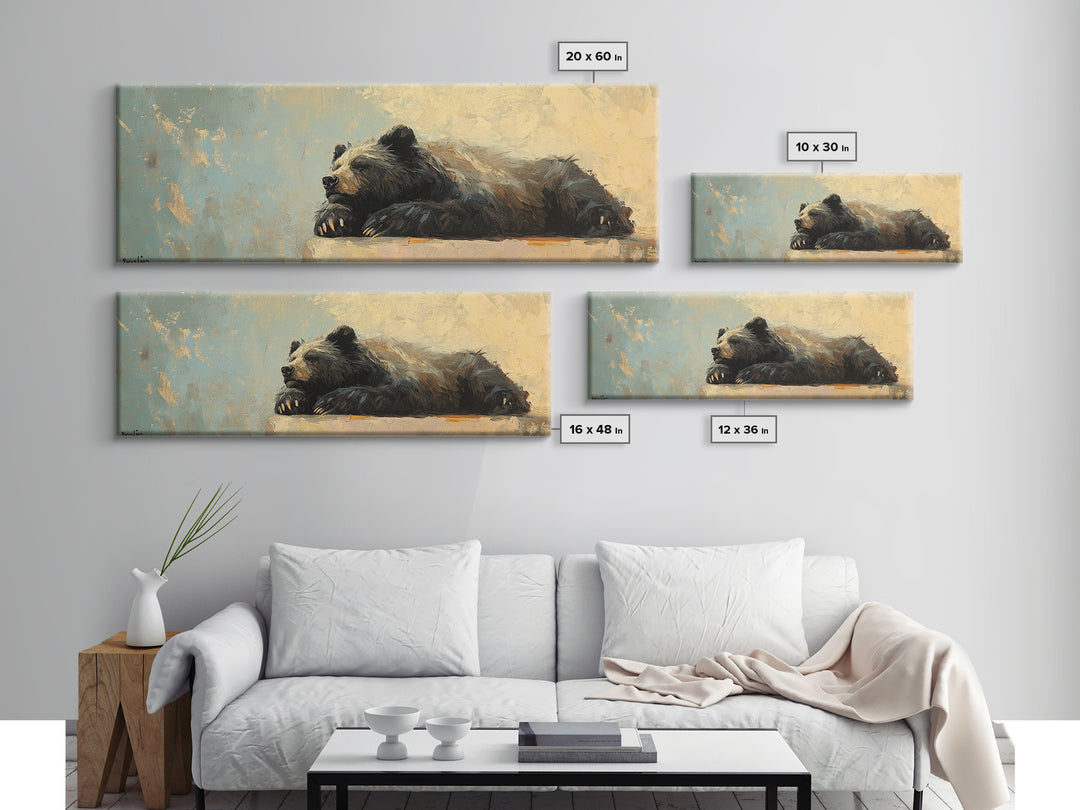 Resting Black Bear Oil Painting Framed Canvas Print, Rustic Wildlife Wall Art, Cabin Decor, Nature Lover Gift, Large Living Room Decor