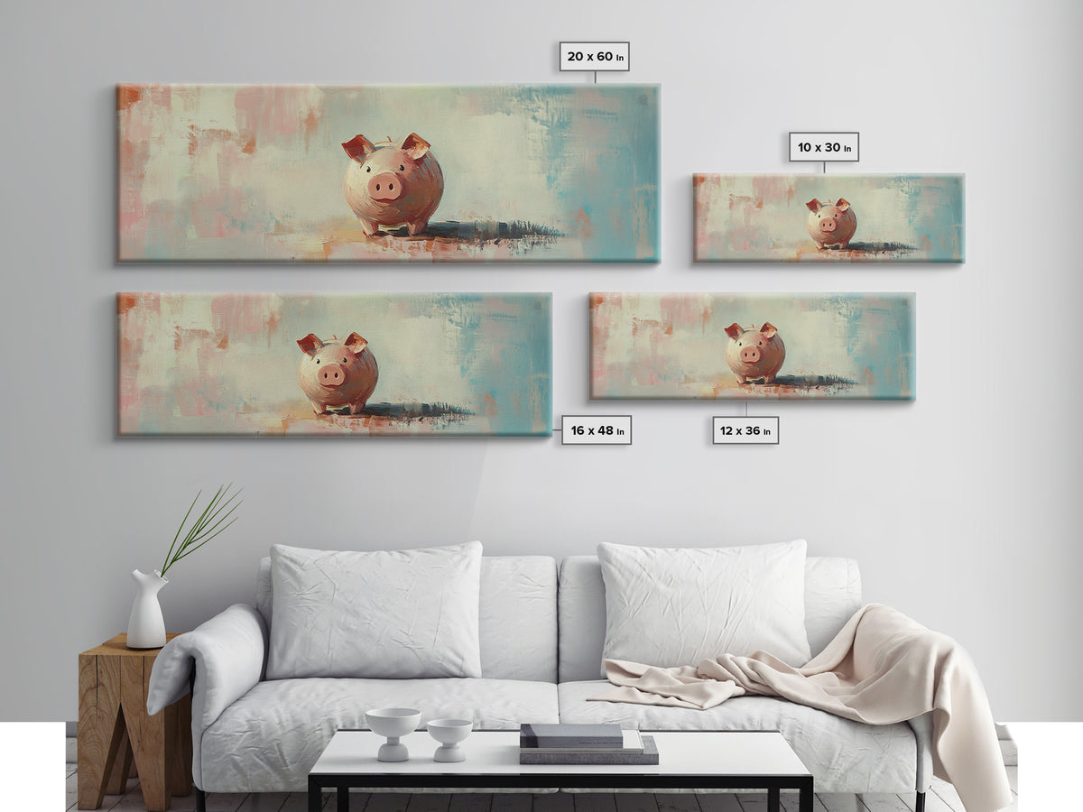 Pink Piggy Bank Oil Painting Canvas Print, Whimsical Wall Art, Cute Nursery Decor, Kids Room Art, Housewarming Gift, Fun