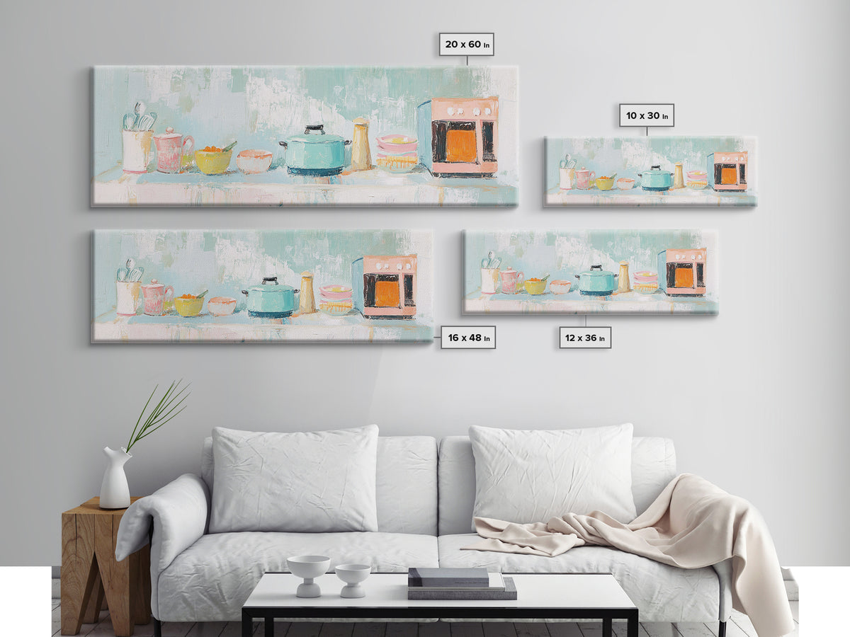 Pastel Kitchen Counter Canvas Print, Cozy Kitchen Wall Art, Modern Farmhouse Decor, Whimsical Cooking Art For Dining Room