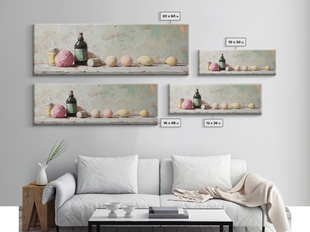 Pastel Bath Bombs And Bottles Wall Art, Spa Bathroom Decor, Apothecary Still Life, Feminine Canvas Print, Gift For Her, Home Decor