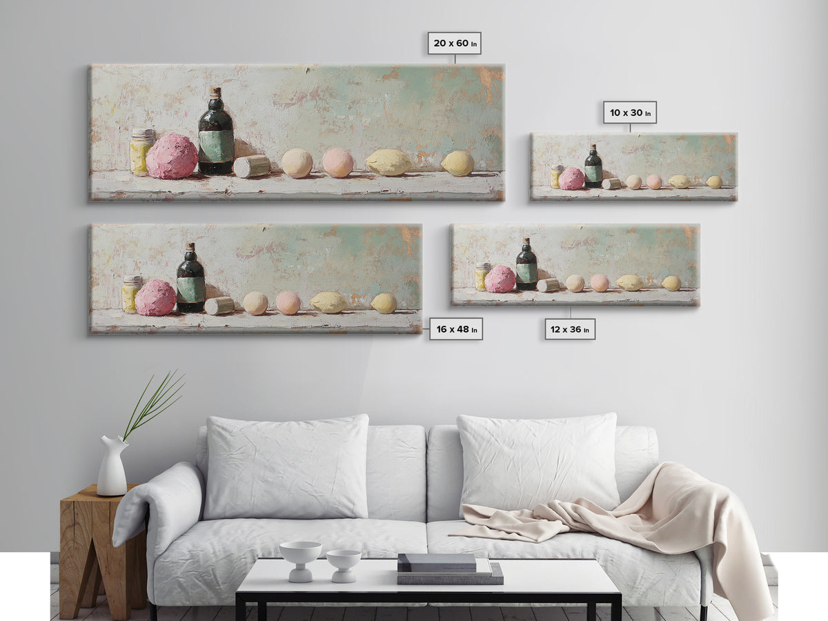 Pastel Bath Bombs And Bottles Wall Art, Spa Bathroom Decor, Apothecary Still Life, Feminine Canvas Print, Gift For Her, Home Decor