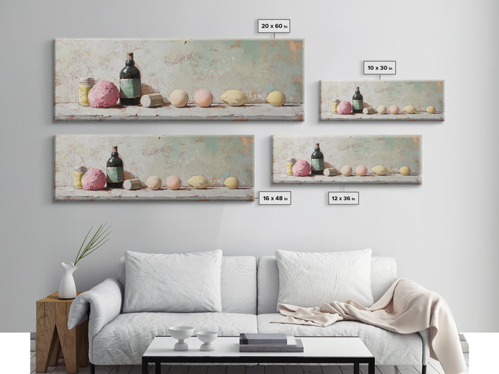 Pastel Bath Bombs And Bottles Wall Art, Spa Bathroom Decor, Apothecary Still Life, Feminine Canvas Print, Gift For Her, Home Decor