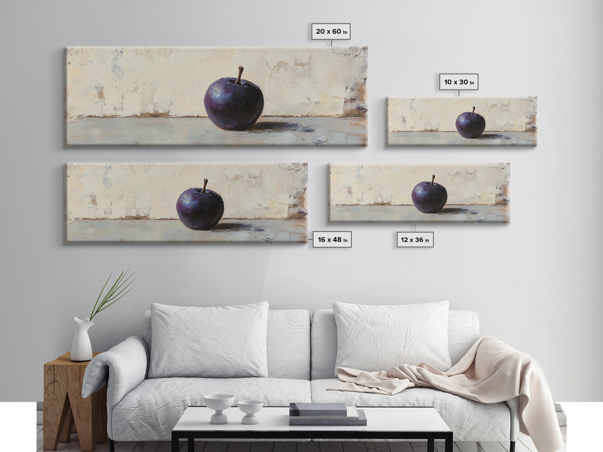 Single Purple Plum Still Life Wall Art, Minimalist Kitchen Decor, Moody Fruit Painting, Rustic Canvas Print For Dining Room