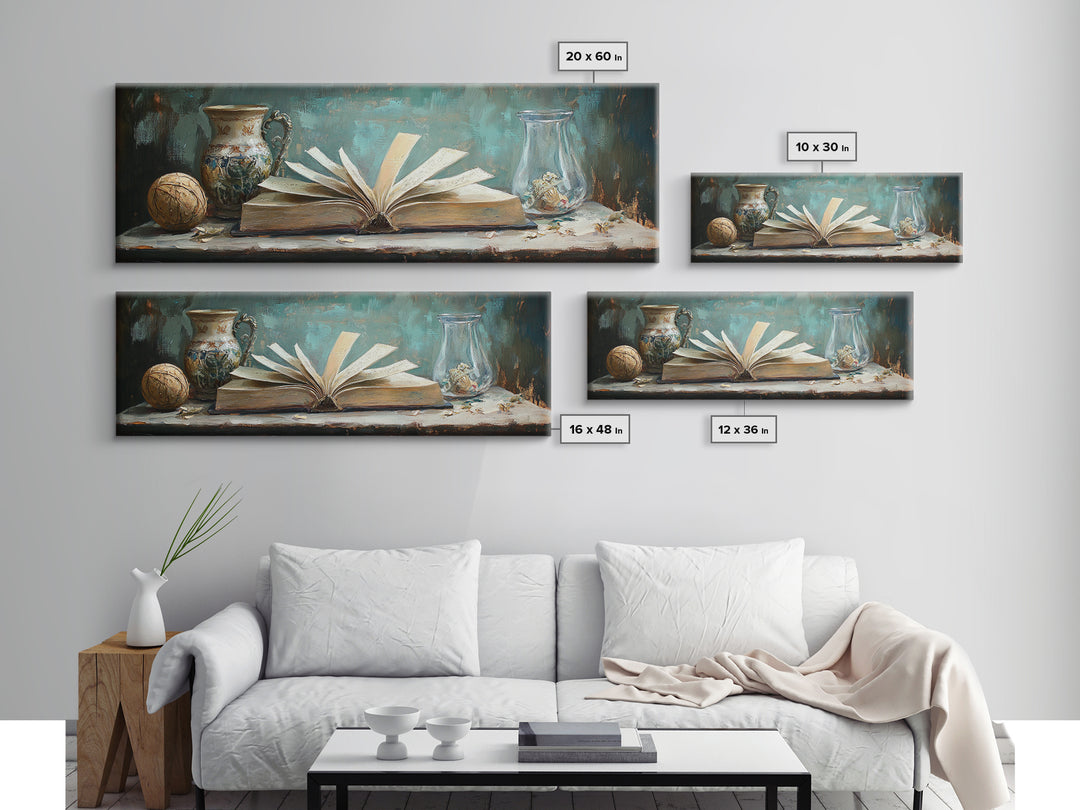 Open Antique Book With Vases Canvas Print, Dark Academia Wall Art, Literary Decor, Moody Library Reading Nook Home Decor